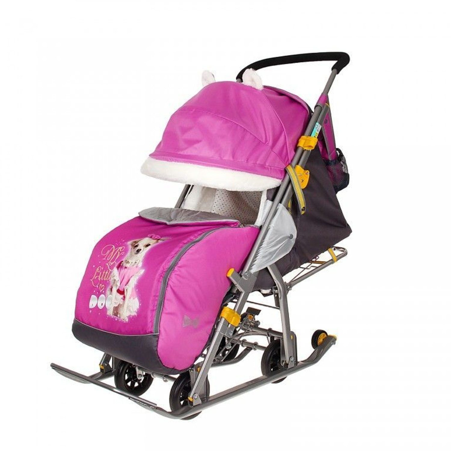 Санки-коляска детские "Ника Детям 7-2" орхидея (сиреневый) рис."щенок" плоск.полозья/колеса НД7-2 *1