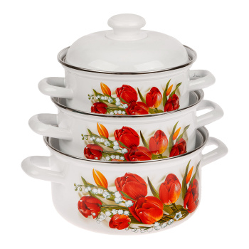 Набор кастрюль эмалированных: 1,5л+2,0л+3,0л рис. "Ласковый май" С-124АП2/4 "Лысьвенские ЭМАЛИ" *1