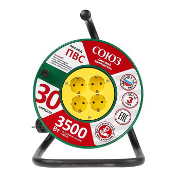 Удлинитель 4 розетки 30м с/з КАТУШКА ПВС 3*1мм2 16А мощ.нагр 3500Вт Союз 481S-3503 *1