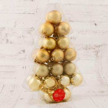 Набор шаров пластик d-5 см, 34 шт "Ёлочка - снежинки и горошины" золото 4191829