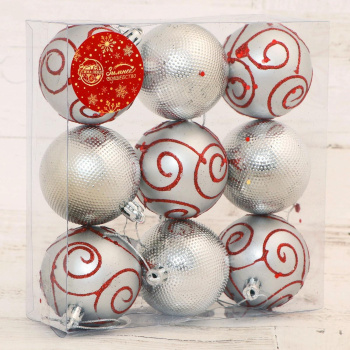 Набор шаров пластик d=6 см, 9 шт., "Милада", серебро